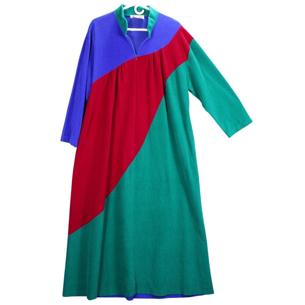 Vintage Vanity Fair Housecoat Womens Large Robe Blue Red Teal Colorblock Comfort
